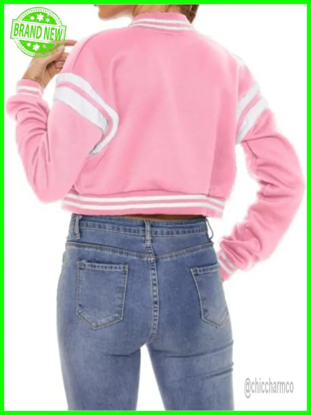 Women's Varsity Baseball Jacket Crop Coat Lightweight Sportswear Snap Button